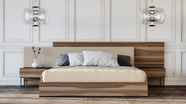 Eastern King Matteo Italian Modern Walnut & Fabric Bed + 2 Nightstands + Dresser Set - View Image 1