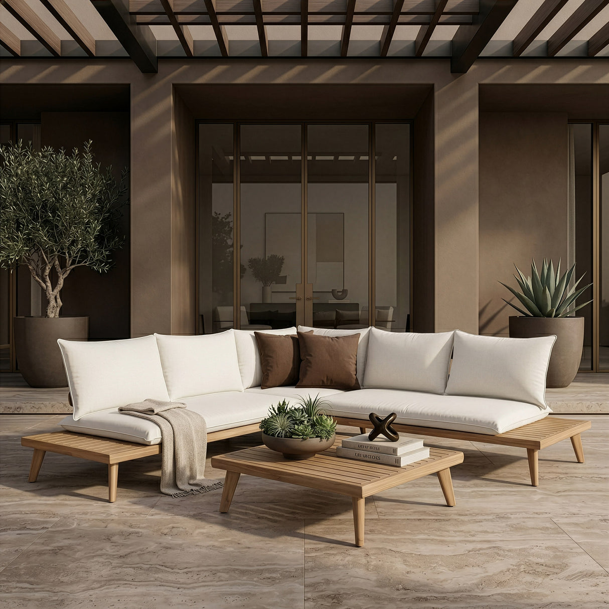 Tavira - Outdoor Off-White Fabric + Eucalyptus Sectional Sofa + Coffee Table Set - View Image 1