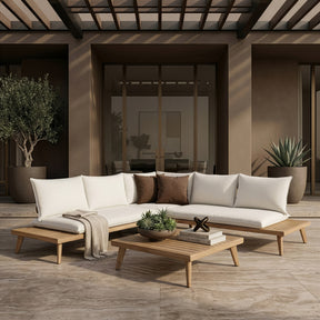 Tavira - Outdoor Off-White Fabric + Eucalyptus Sectional Sofa + Coffee Table Set - View Image 1