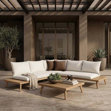 Tavira - Outdoor Off-White Fabric + Eucalyptus Sectional Sofa + Coffee Table Set - View Image 1