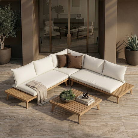 Tavira - Outdoor Off-White Fabric + Eucalyptus Sectional Sofa + Coffee Table Set - View Image 1