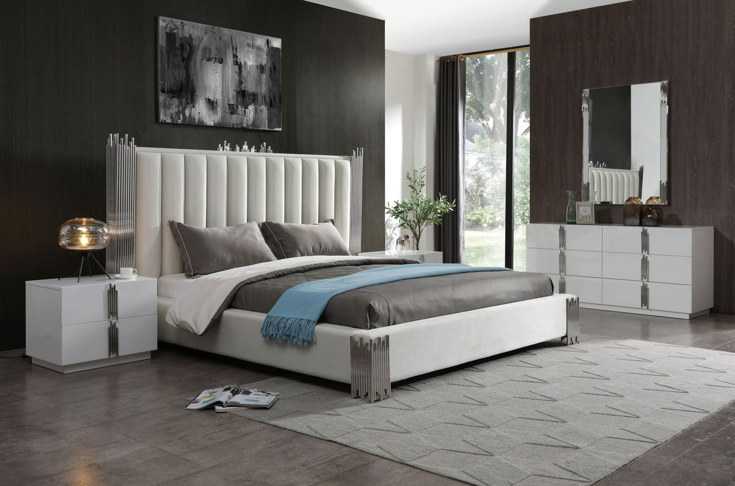 Token - Eastern King Modern White & Stainless Steel Bed - View Image 1