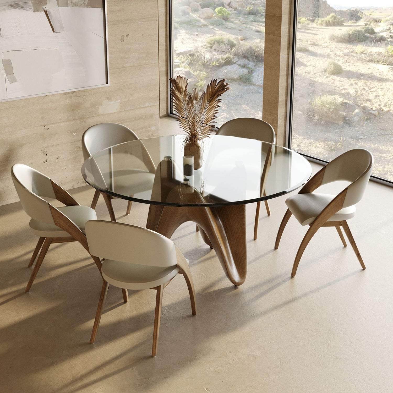Modrest Seguin - Round Glass + Walnut Dining Table