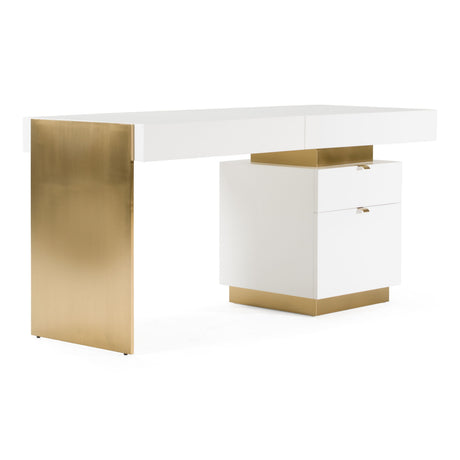 Modrest Trahan - Modern Gloss White and Brushed Gold Office Desk
