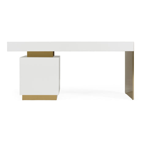 Modrest Trahan - Modern Gloss White and Brushed Gold Office Desk