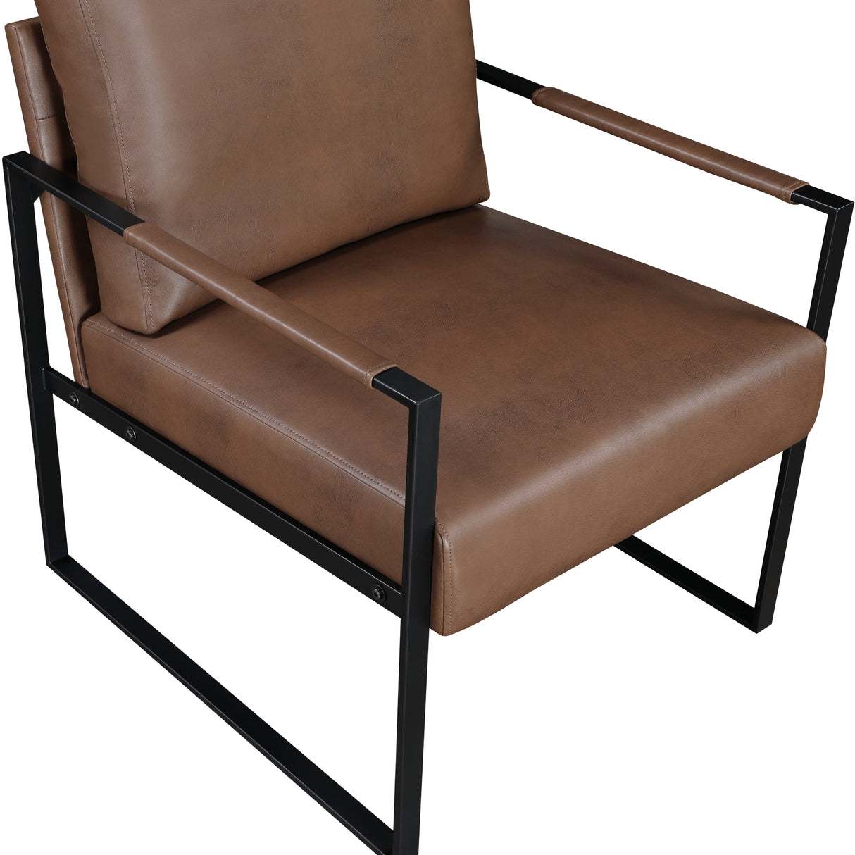 Armrest detail of the Trent accent chair in brown faux leather