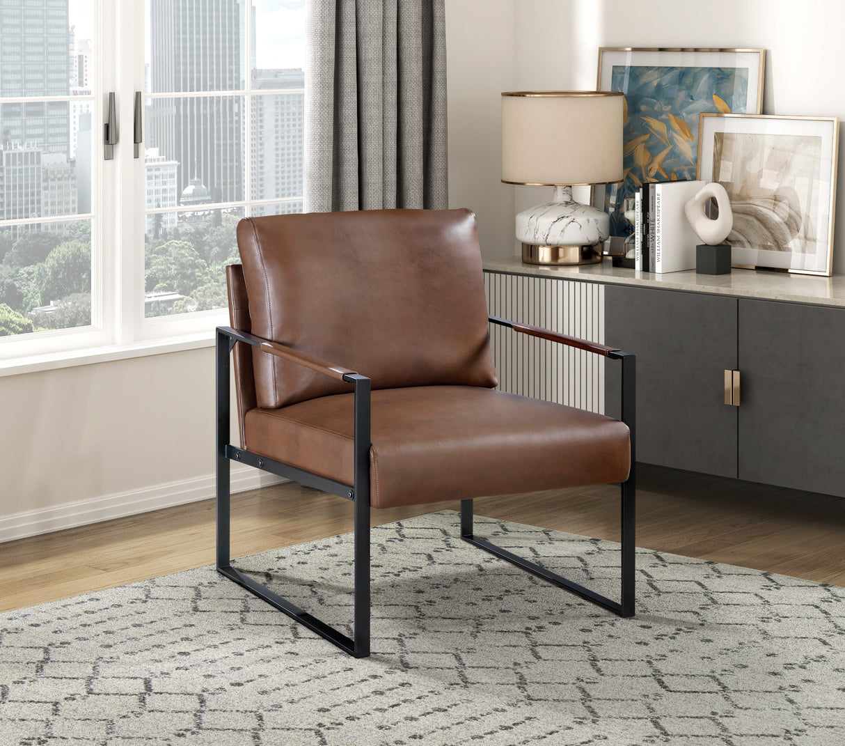 Trent Modern Accent Chair in brown styled in living room setting