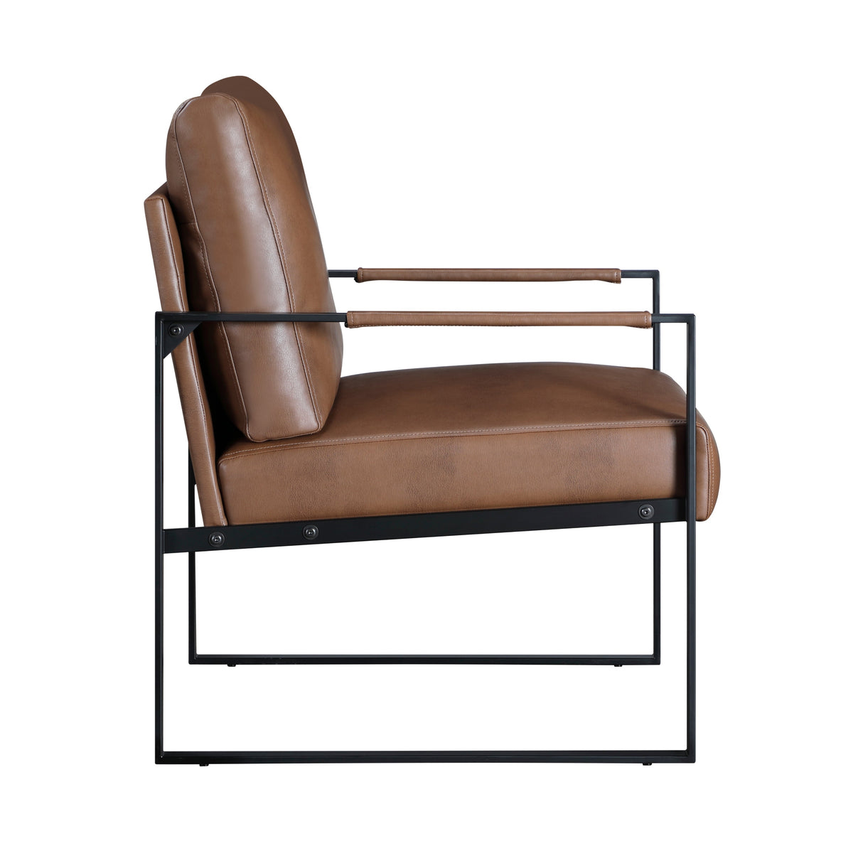 Side view of the brown Trent accent chair with black metal frame
