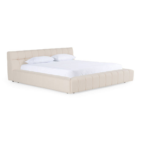 Eastern King Tyree + Brooklyn - Modern Off-White Fabric + Walnut 4-Piece Bedroom Set