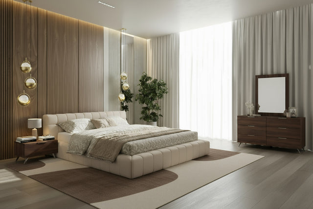 Queen Tyree + Brooklyn - Modern Off-White Fabric + Walnut 4-Piece Bedroom Set - View Image 1
