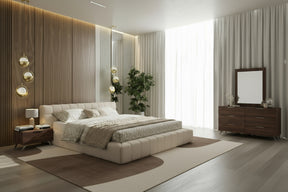 Eastern King Tyree + Brooklyn - Modern Off-White Fabric + Walnut 4-Piece Bedroom Set - View Image 1