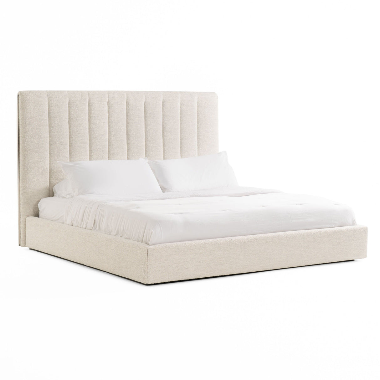 Queen Valhalla + Lorenzo - Modern White Fabric + Light Oak 4-Piece Bedroom Set