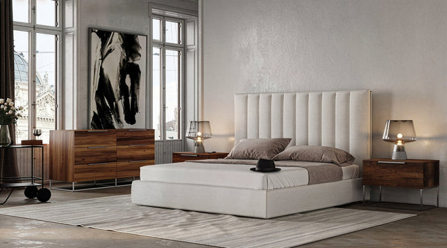 Queen Valhalla + Lorenzo - Modern White Fabric + Light Oak 4-Piece Bedroom Set - View Image 1