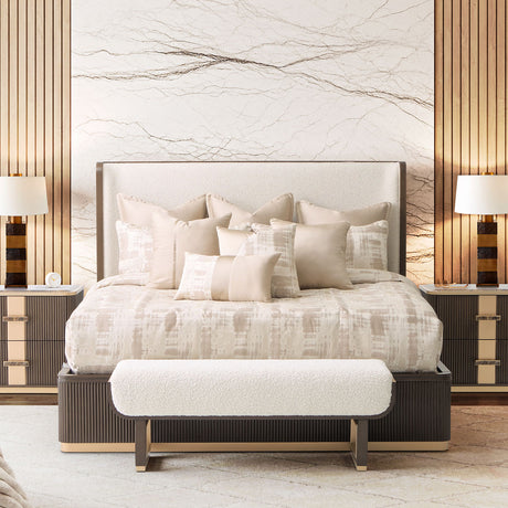 West Kensington Eastern King Bed in Espresso with Upholstered Headboard | AICO by Michael Amini
