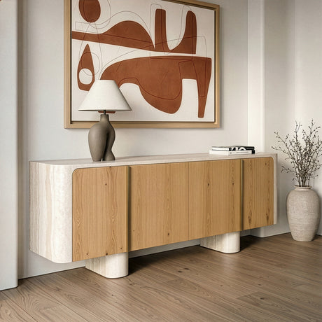 Wolff - Modern White Oak + Faux Travertine Buffet - View Image 1