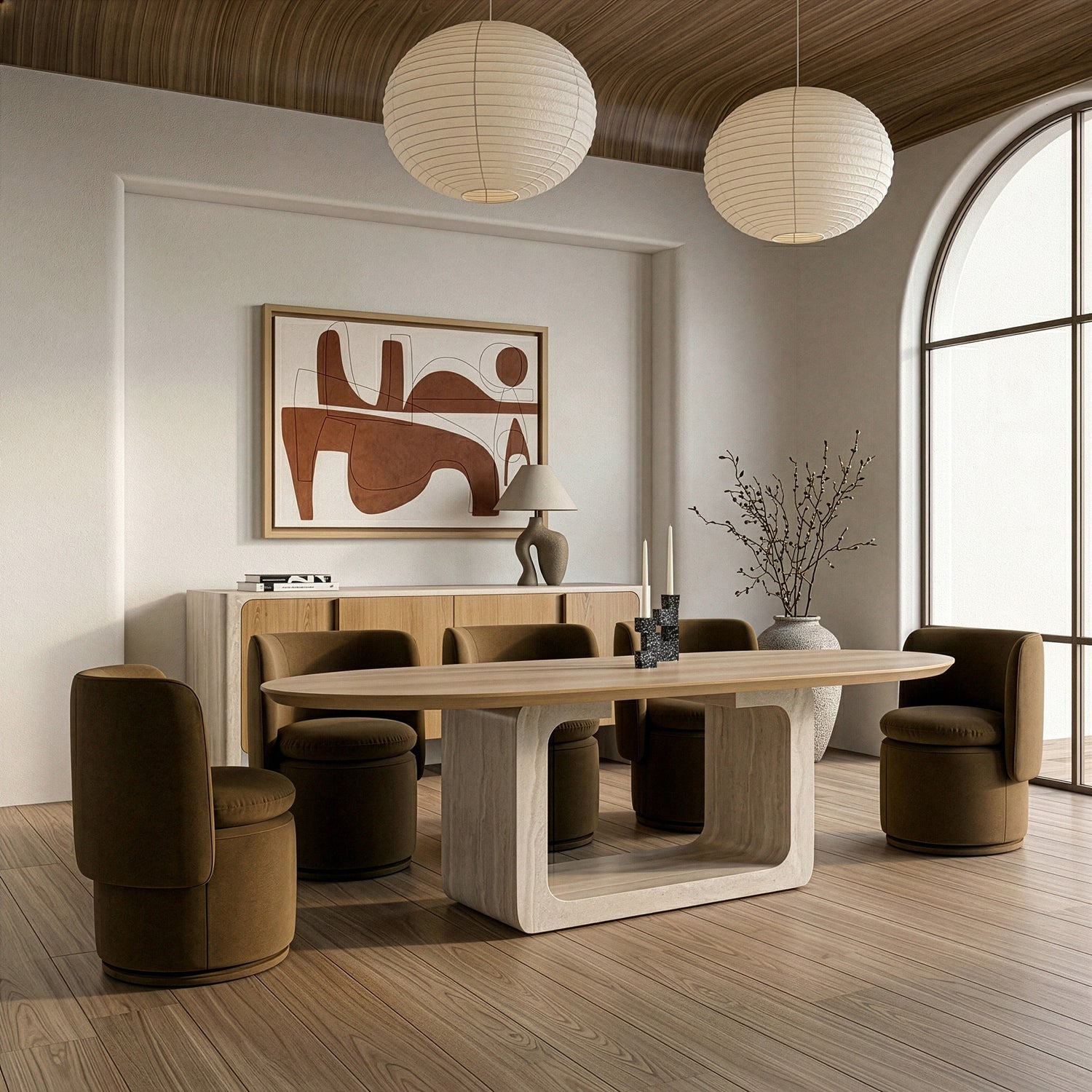 Wolff - Modern White Oak + Faux Travertine Dining Table - View Image 1