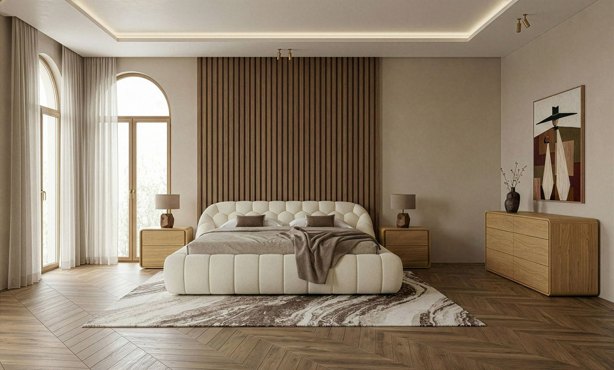 Eastern King Yolonda + Dustin - Modern Off-White Fabric + Natural Oak 4-Piece Bedroom Set