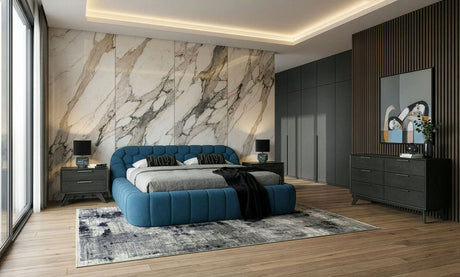 Eastern King Yolonda + Soria - Modern Dark Teal Fabric + Grey Wash 4-Piece Bedroom Set