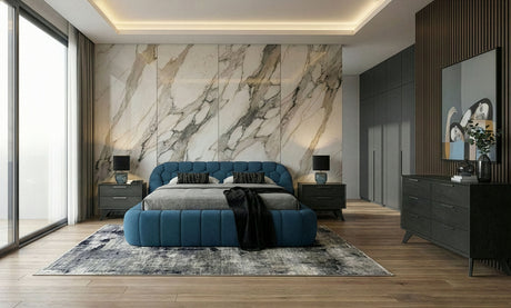 Eastern King Yolonda + Soria - Modern Dark Teal Fabric + Grey Wash 4-Piece Bedroom Set - View Image 1