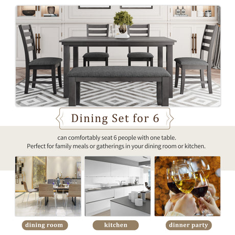 TREXM Dining Room Table and Chairs with Bench, Rustic Wood Dining Set, Set of 6 (Gray) - Home Elegance USA