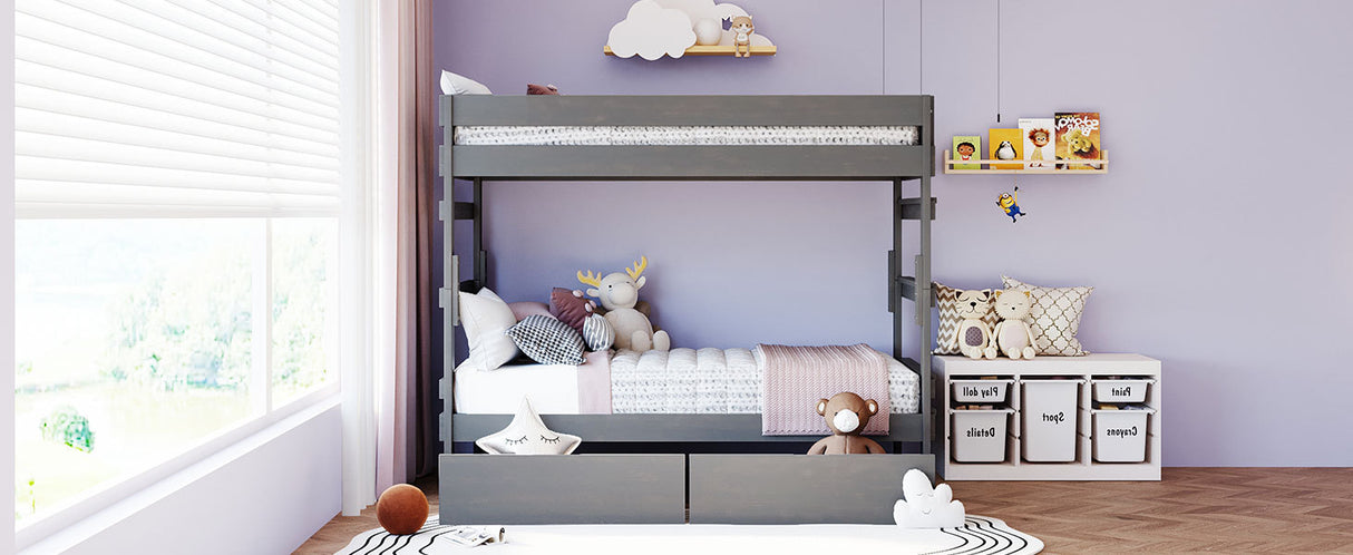 Twin over Twin Wood Bunk Bed with 2 Drawers, Gray - Home Elegance USA