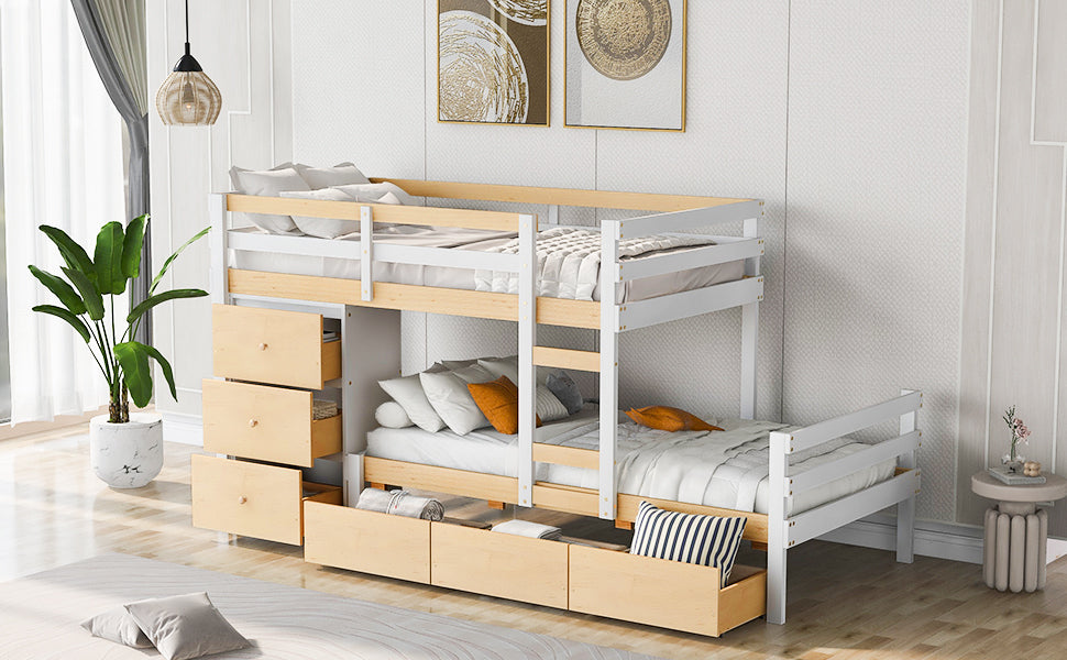 Twin over Twin Loft Bunk Bed with Drawers and Ladder, Natural - Home Elegance USA