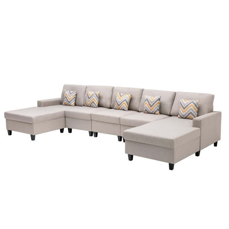 Nolan Beige Linen Fabric 5Pc Double Chaise Sectional Sofa with Pillows and Interchangeable Legs - Home Elegance USA