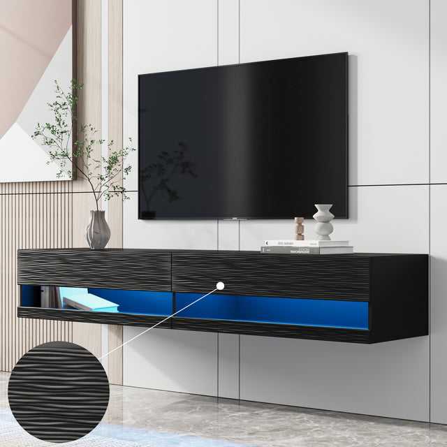 180 Wall Mounted Floating 80" relief TV Stand with 20 Color LEDs Black Home Elegance USA