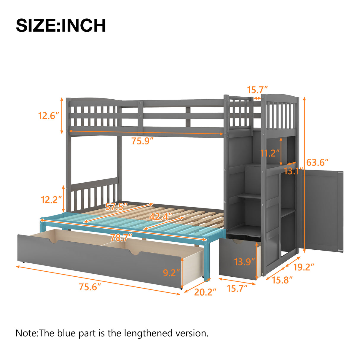 Twin over Full/Twin Bunk Bed, Convertible Bottom Bed, Storage Shelves and Drawers, Gray - Home Elegance USA