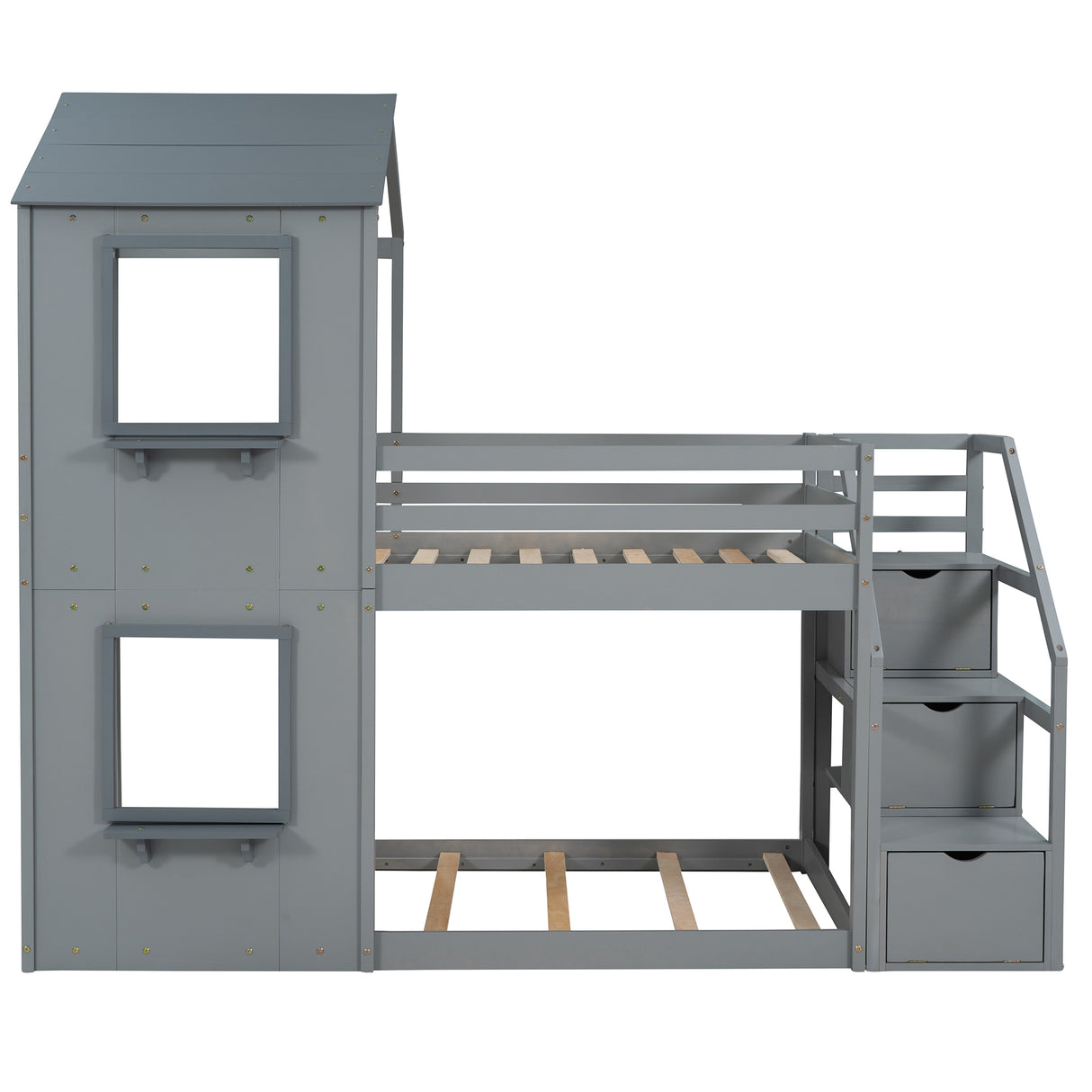 Twin Over Twin Bunk Bed with Storage Stairs,Wood Bed with Roof, Window, Guardrail, Ladder，Gray