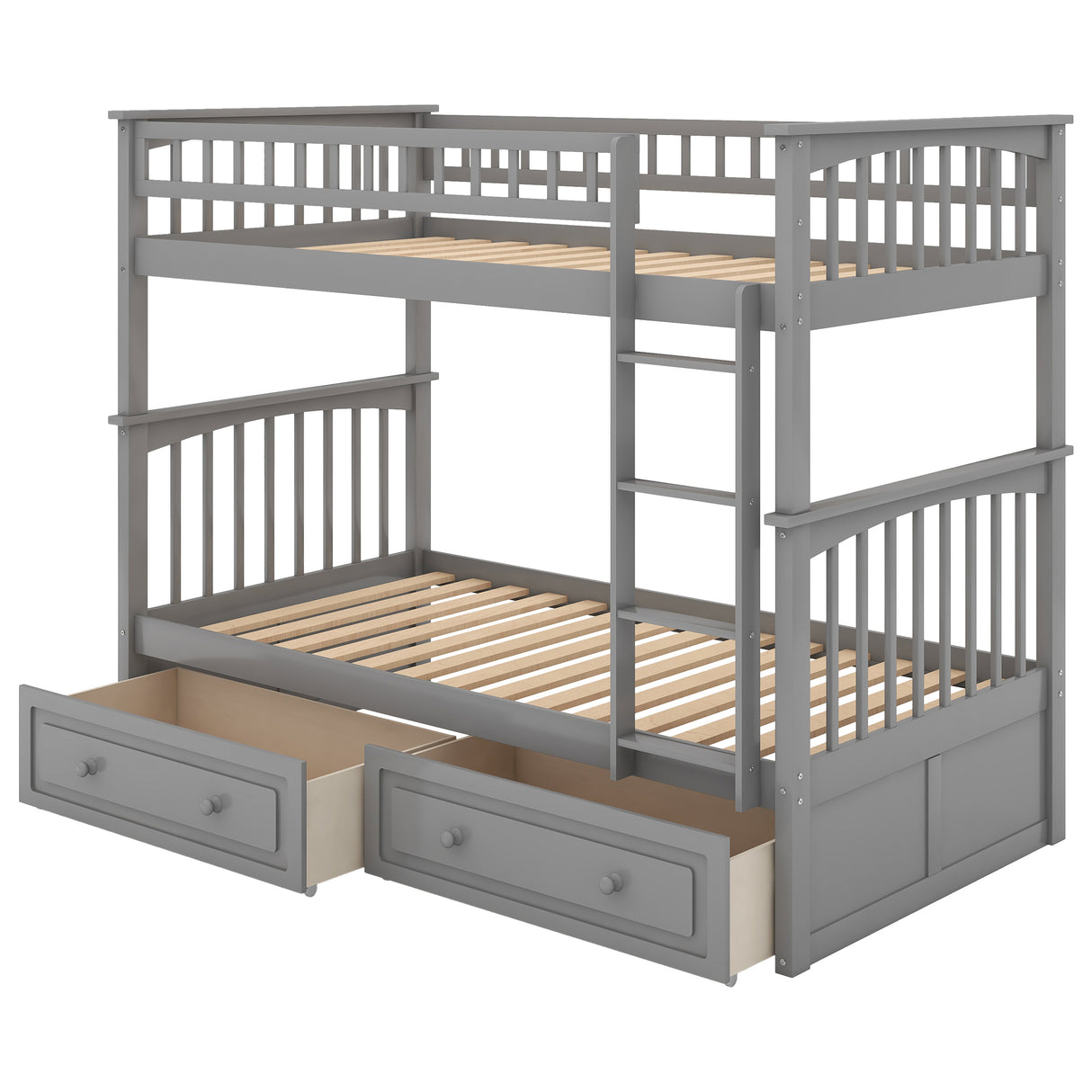 Twin over Twin Bunk Bed with Drawers, Convertible Beds, Gray - Home Elegance USA