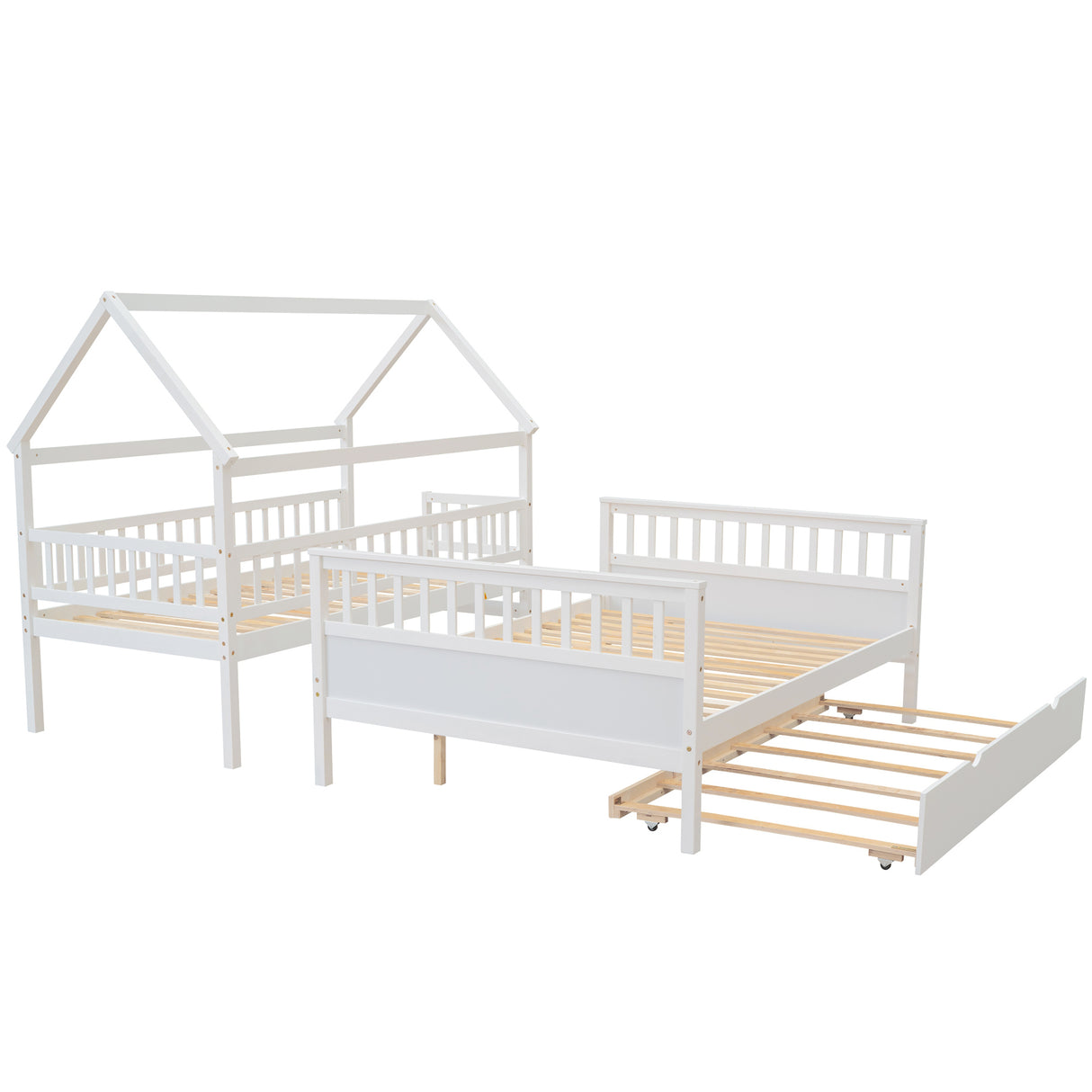 Twin over Full Size House Bunk Bed with Storage Staircase and Trundle,Full-Length Guardrail,White - Home Elegance USA