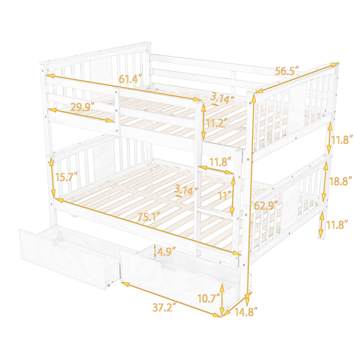 Full over Full Bunk Bed with Drawers and Ladder for Bedroom, Guest Room Furniture-White(OLD SKU :LP000205AAK) - Home Elegance USA