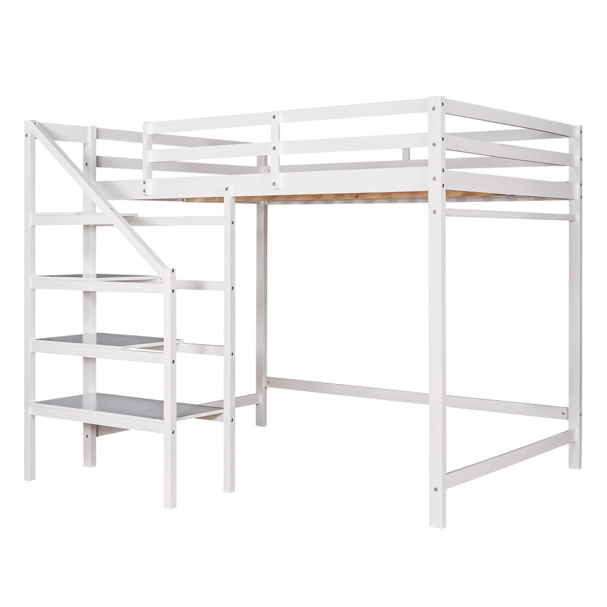 Full Size Loft Bed with Built-in Storage Staircase and Hanger for Clothes,White - Home Elegance USA