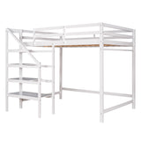 Full Size Loft Bed with Built-in Storage Staircase and Hanger for Clothes,White - Home Elegance USA