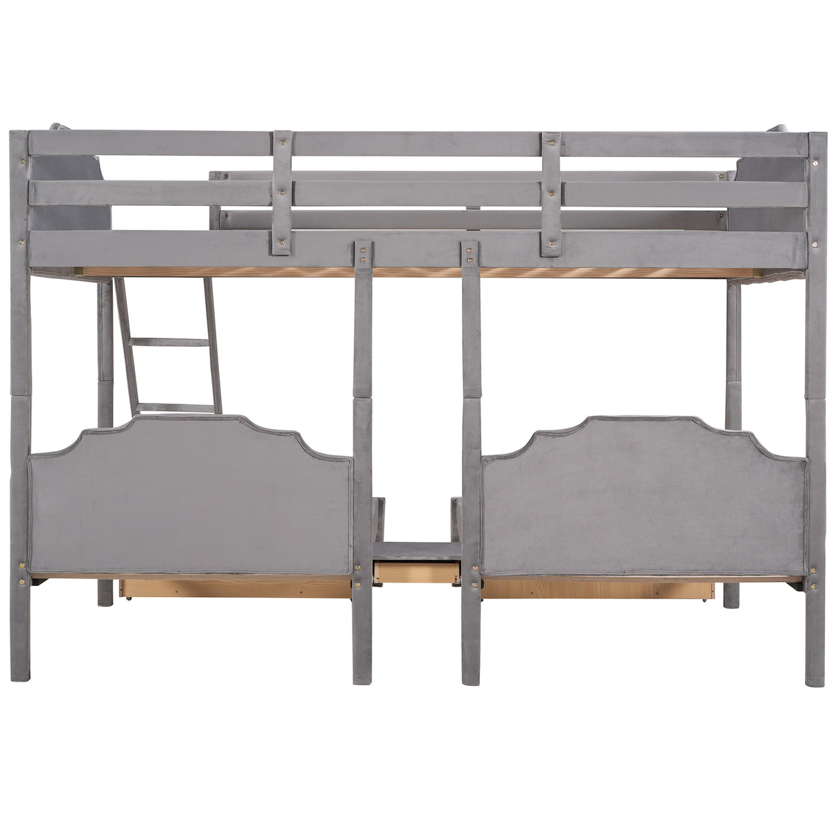 Full Over Twin & Twin Bunk Bed, Velvet Triple Bunk Bed with Drawers and Guardrails, Gray - Home Elegance USA