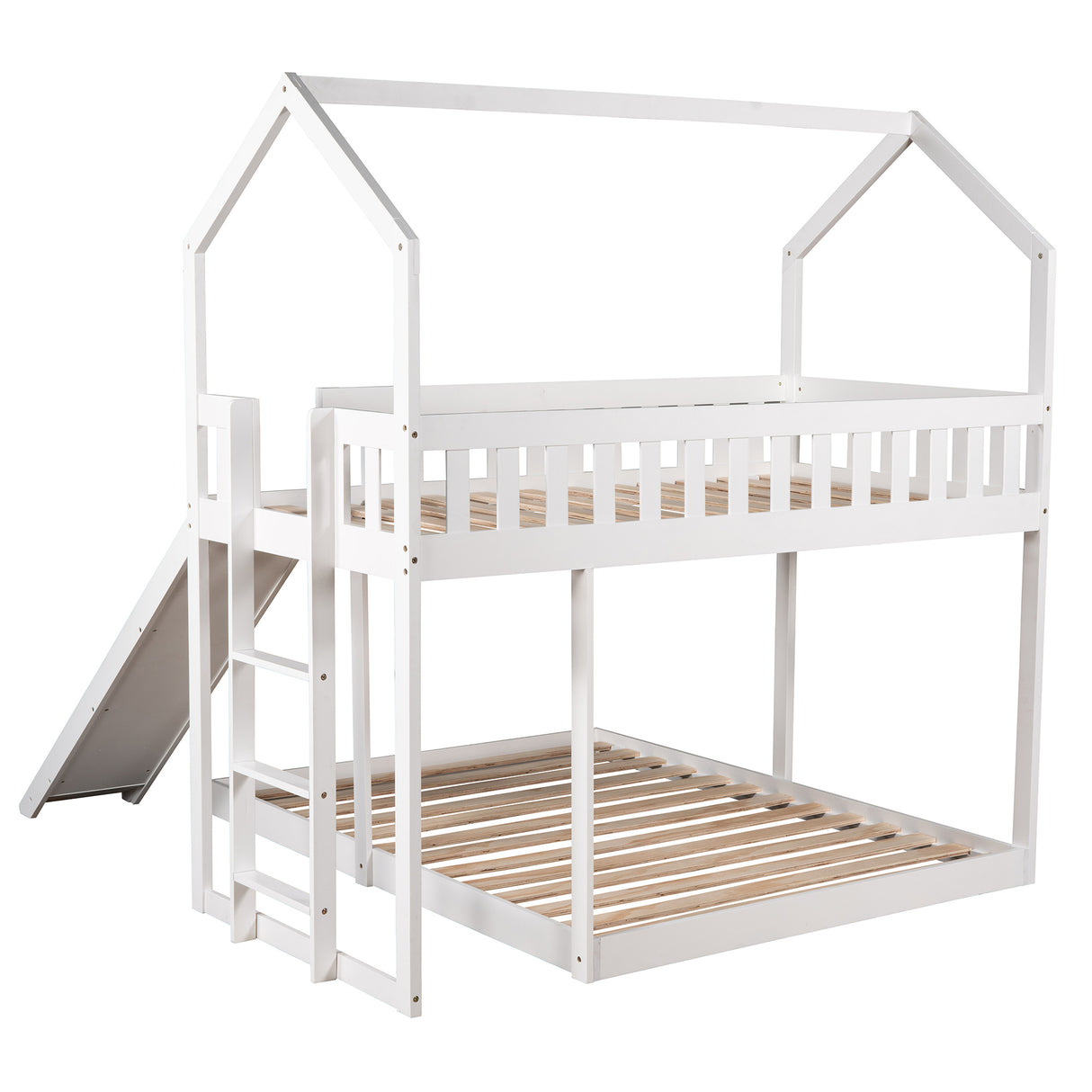 Twin over Full House Bunk Bed with Slide and Built-in Ladder,Full-Length Guardrail,White - Home Elegance USA