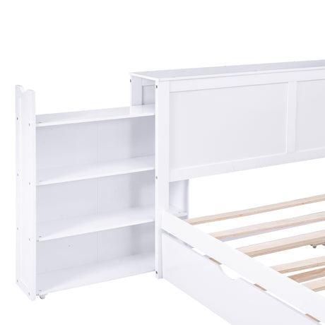 Queen Size Storage Platform Bed with Pull Out Shelves and Twin  XL Size Trundle, White - Home Elegance USA