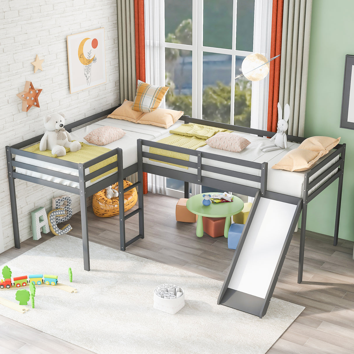 L-Shaped Twin Size Loft Bed with Ladder and Slide, Gray - Home Elegance USA