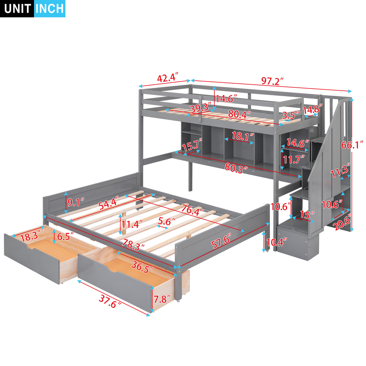 Twin XL over Full Bunk Bed with Built-in Storage Shelves, Drawers and Staircase,Gray - Home Elegance USA