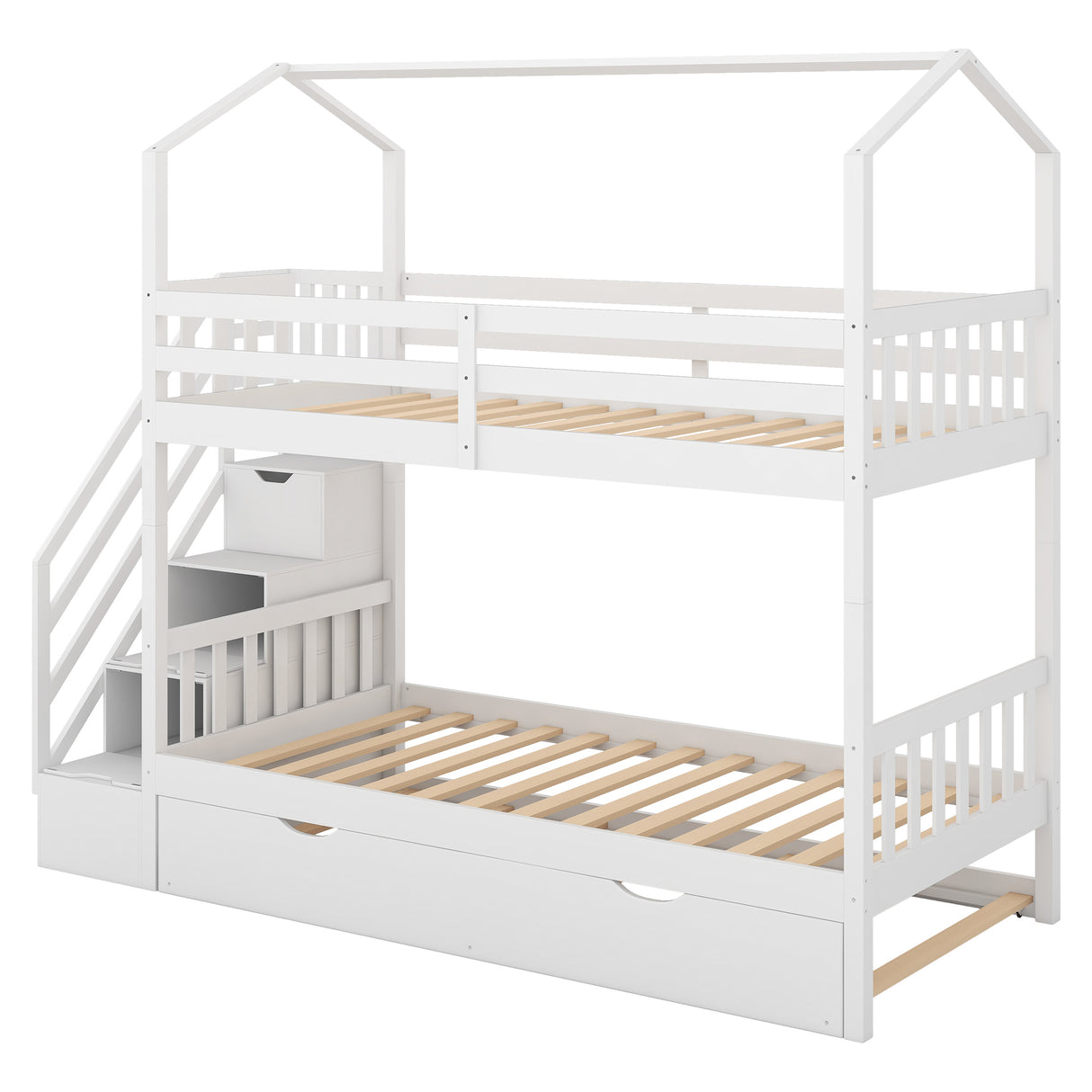 Multifunctional Twin over Twin House Bunk Bed with Staircase and Storage Space,White - Home Elegance USA