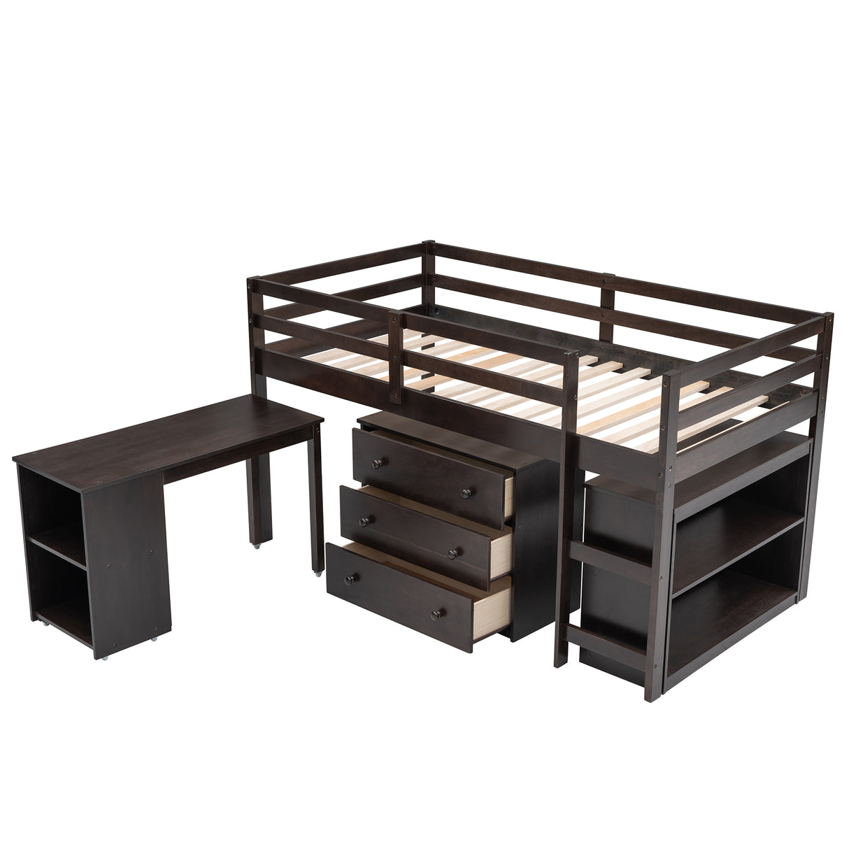 Low Study Twin Loft Bed with Cabinet and Rolling Portable Desk - Espresso (OLD SKU :LP000113AAP)