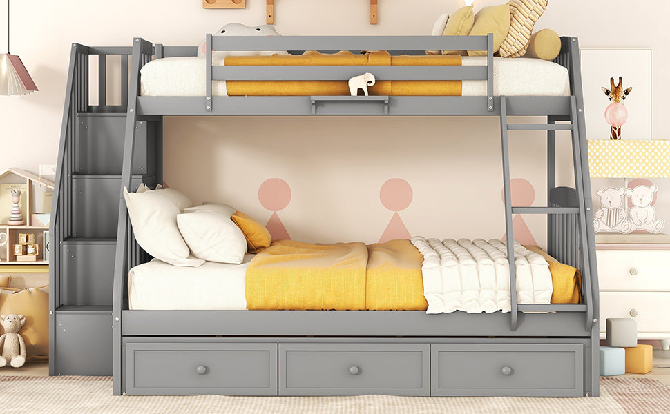 Twin-Over-Full Bunk Bed with Drawers，Ladder and Storage Staircase, Gray - Home Elegance USA