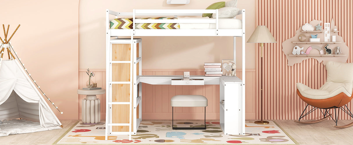 Full Size Loft Bed with Ladder, Shelves, and Desk, White - Home Elegance USA