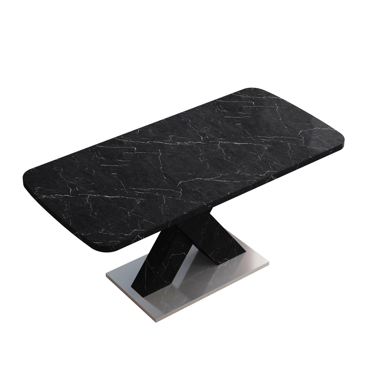 Modern Square Dining Table,Stretchable,Printed Black Marble Table Top+MDF X-Shape Table Leg with Metal Base - Home Elegance USA