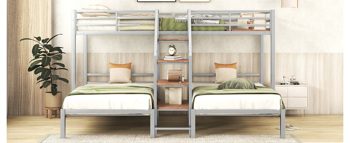 Metal Twin over Twin & Twin Bunk Bed, Triple Bunk Bed with Storage Shelves Staircase, Silver - Home Elegance USA