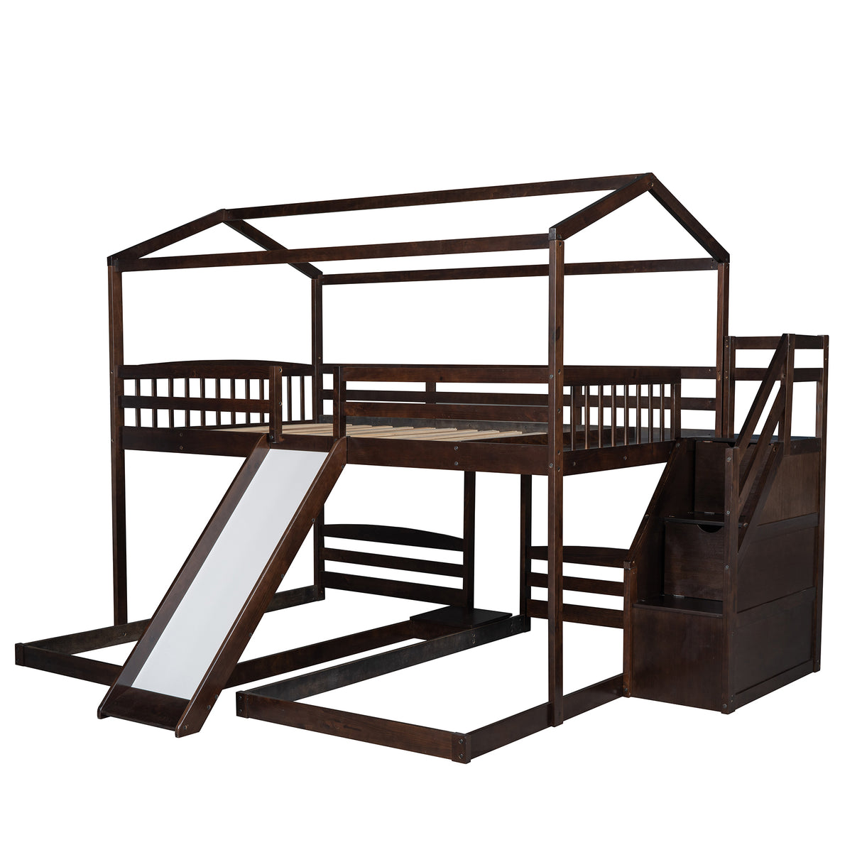 Full over Twin & Twin Bunk Bed,with Slide and Storage Staircase,Built-in Drawer and Shelf,Espresso - Home Elegance USA