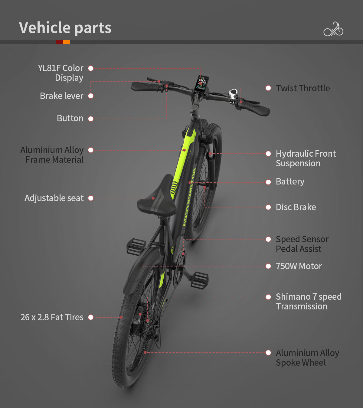 AOSTIRMOTOR new pattern 26" 750W Electric Bike Fat Tire 52V15AH Removable Lithium Battery for Adults