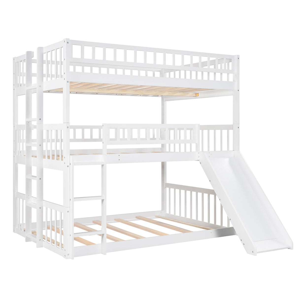 Full-Over-Full-Over-Full Triple Bed with Built-in Ladder and Slide , Triple Bunk Bed with Guardrails, White(OLD SKU :LP000052AAK) - Home Elegance USA