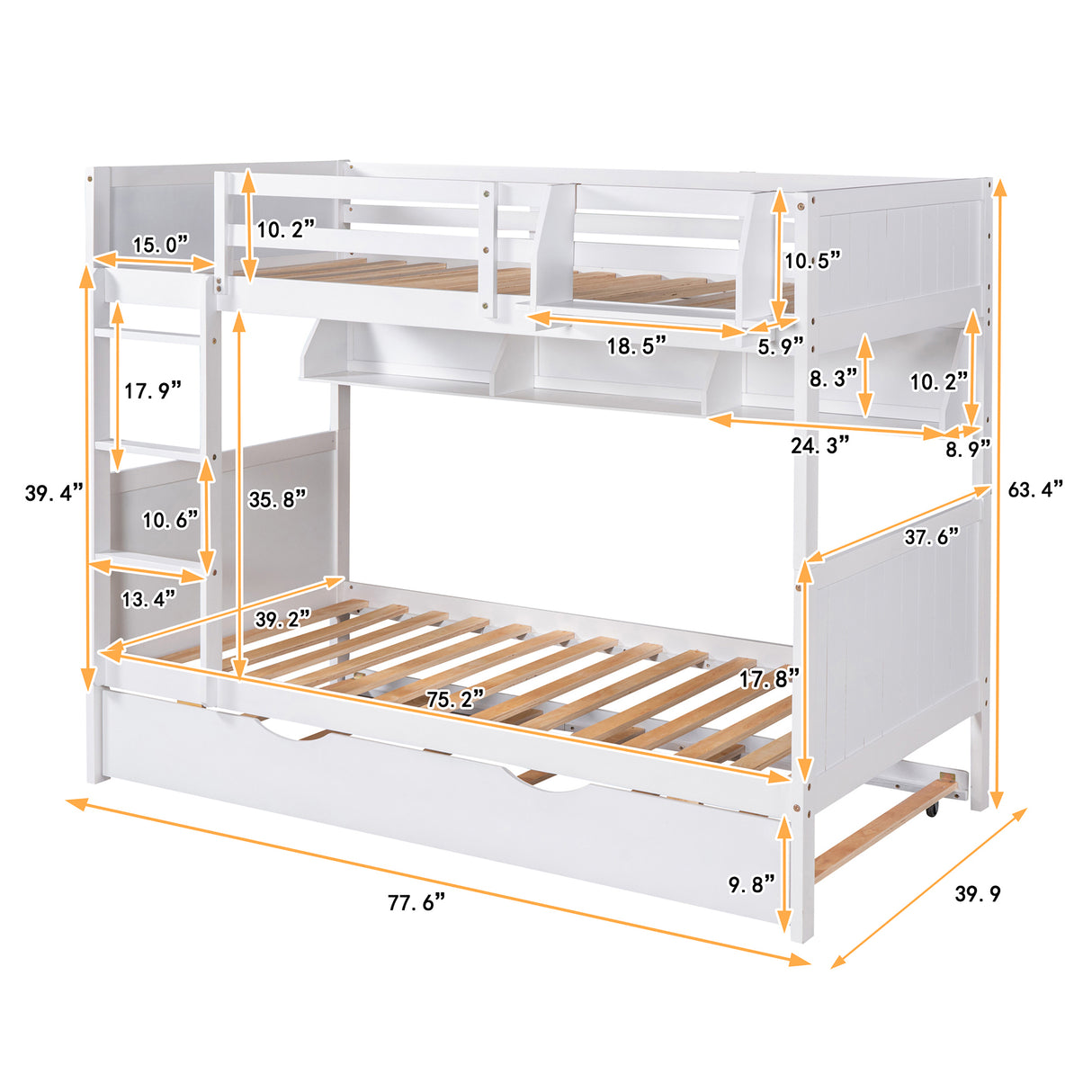 Twin-Over-Twin Bunk Bed with Twin size Trundle , Separable Bunk Bed with Bookshelf for Bedroom -White - Home Elegance USA